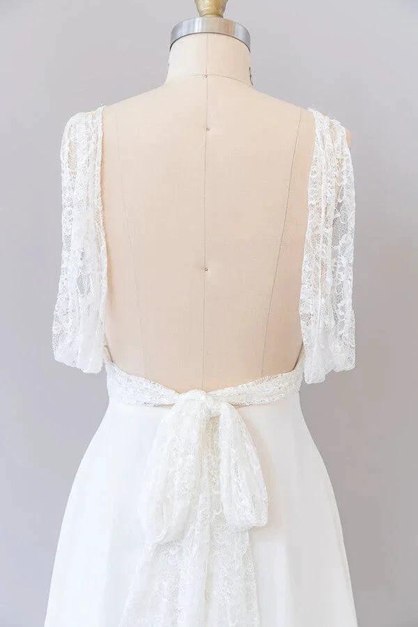 Long Empire A-line V-neck Lace Chiffon Open Back Wedding Dress (ZD14390)