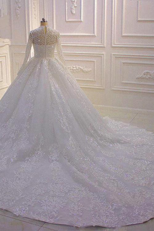Long High neck Appliques Lace Ball Gown Wedding Dress with Sleeves (ZD15186)
