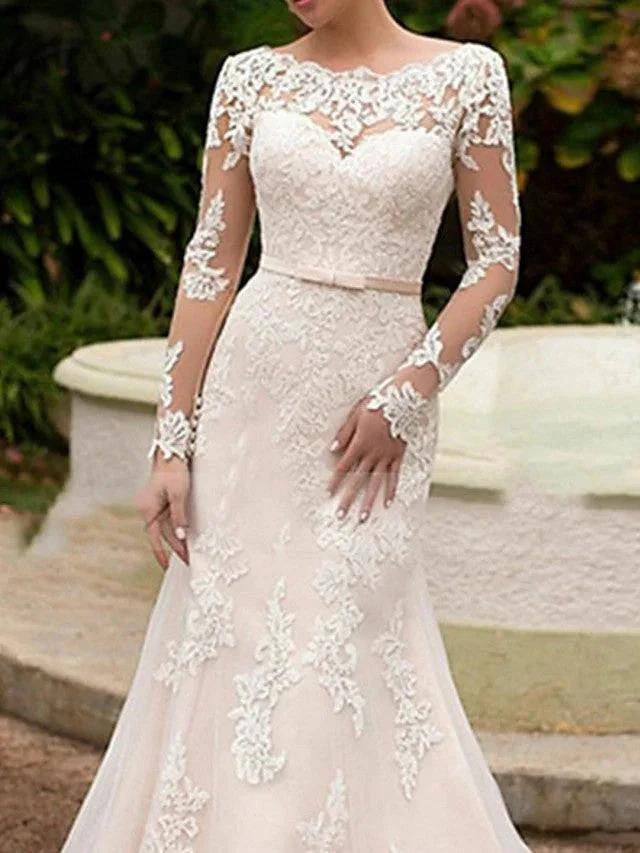 Long Mermaid Bateau Neck Sweep Brush Train Lace Wedding Dresses with Sleeves (ZD15960)