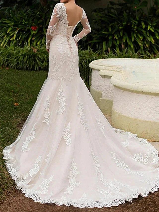 Long Mermaid Bateau Neck Sweep Brush Train Lace Wedding Dresses with Sleeves (ZD15960)