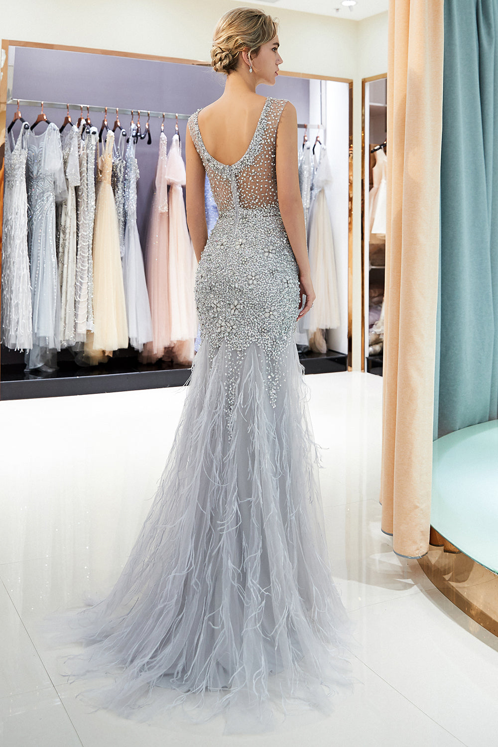 Long Mermaid Jewel Crystal Sqeuined Tulle Evening Dresses - View 2 | VelvetHem