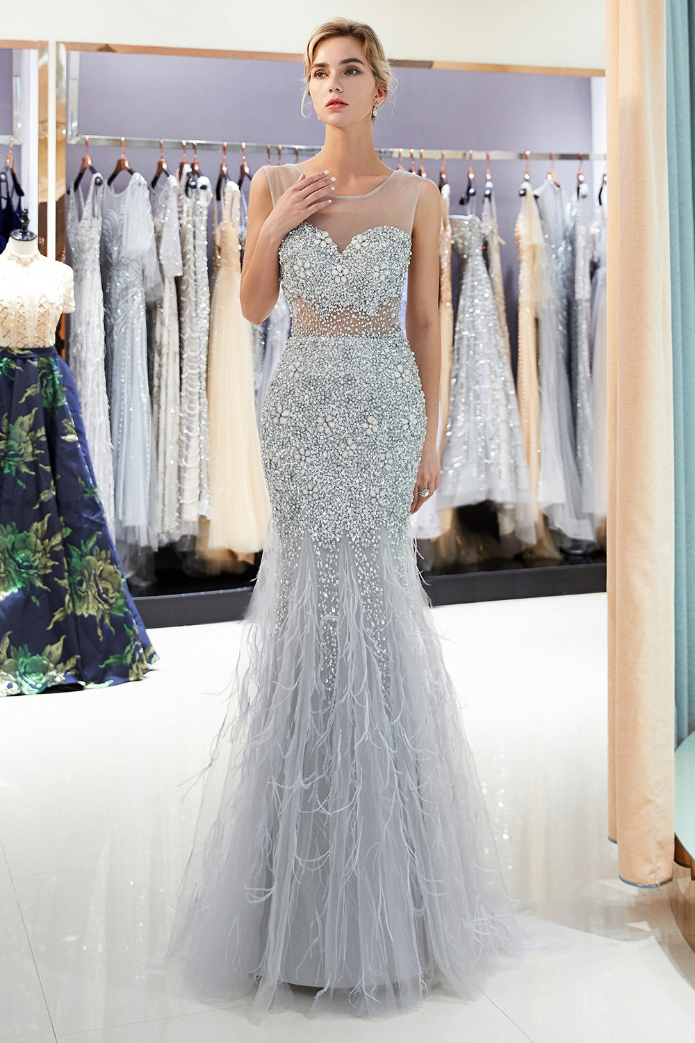 Long Mermaid Jewel Crystal Sqeuined Tulle Evening Dresses - View 3 | VelvetHem