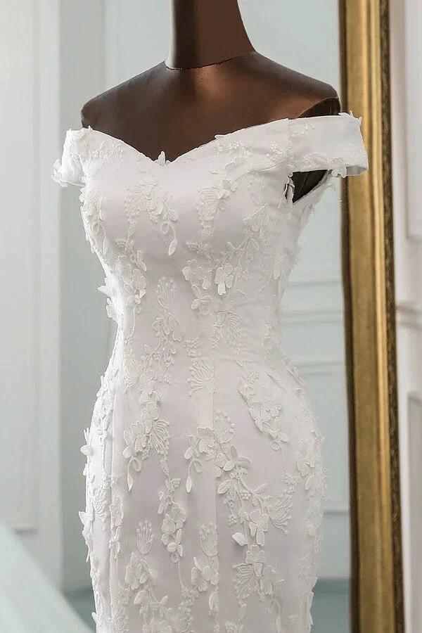 Long Mermaid Off Shoulder Lace-up Applique Lace Wedding Dress (ZD14414)