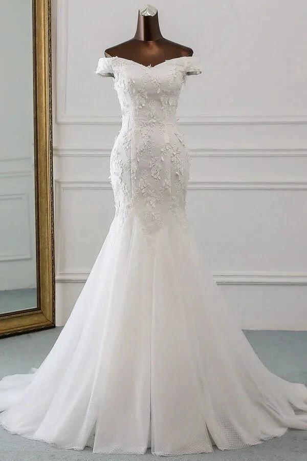 Long Mermaid Off Shoulder Lace-up Applique Lace Wedding Dress (ZD14414)