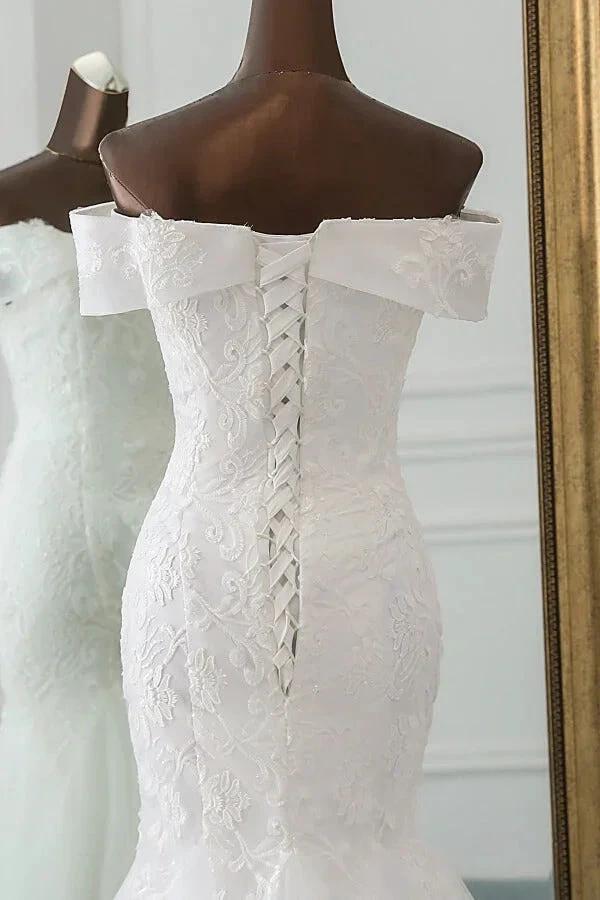 Long Mermaid Off the Shoulder Appliques Lace Tulle Wedding Dress (ZD15801)