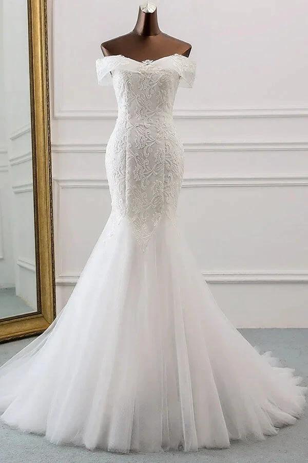Long Mermaid Off the Shoulder Appliques Lace Tulle Wedding Dress (ZD15801)