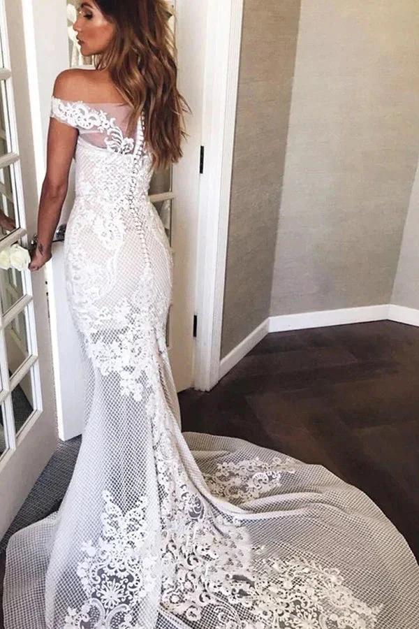 Long Mermaid Off The Shoulder Appliques Sweep Train Wedding Dress (ZD14992)
