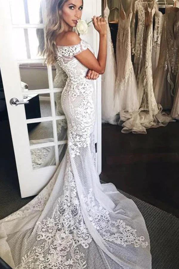 Long Mermaid Off The Shoulder Appliques Sweep Train Wedding Dress (ZD14992)