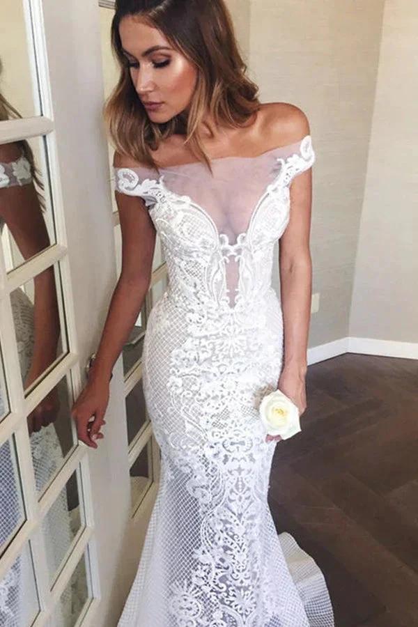 Long Mermaid Off The Shoulder Appliques Sweep Train Wedding Dress (ZD14992)