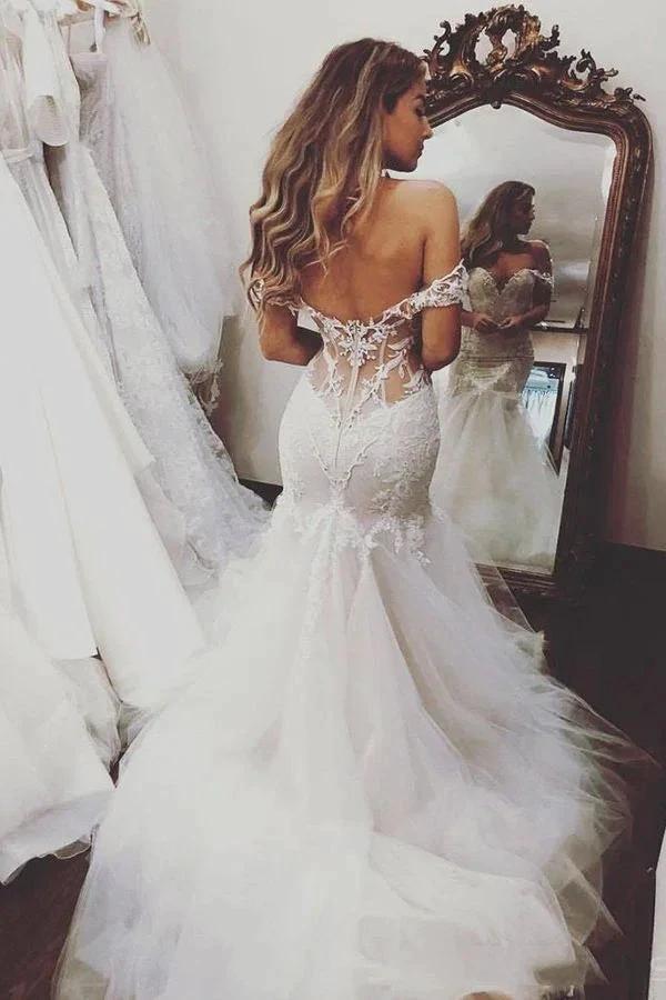 Long Mermaid Off the Shoulder Lace Backless Wedding Dresses (ZD15987)