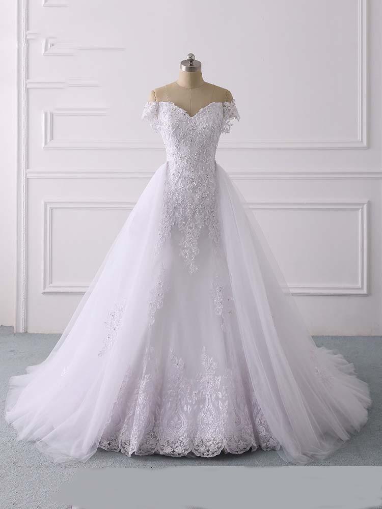 Long Mermaid Off-the-Shoulder Lace Tulle White Wedding Dresses (ZD15921)