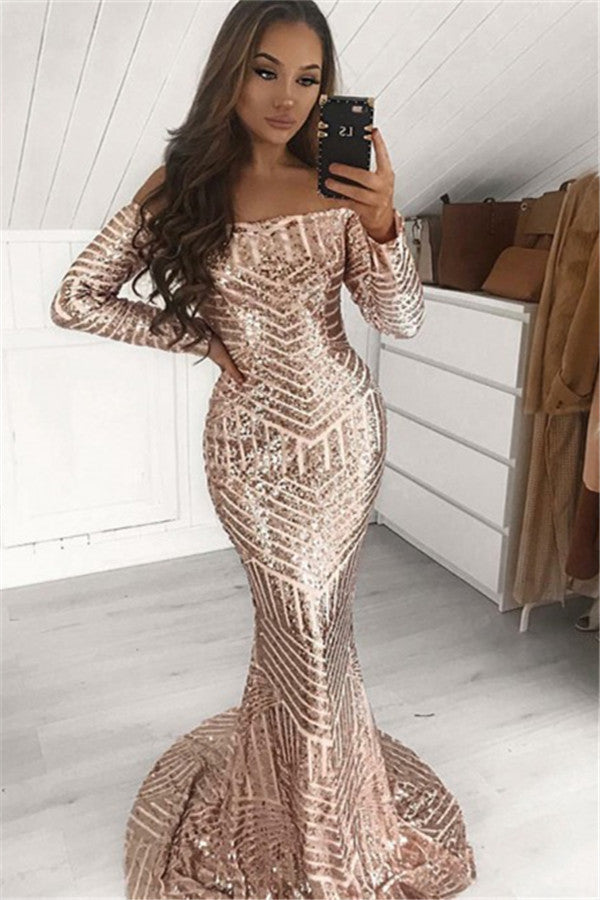 Long Mermaid Off-the-shoulder Sequined Prom Dress with Sleeves - VelvetHem