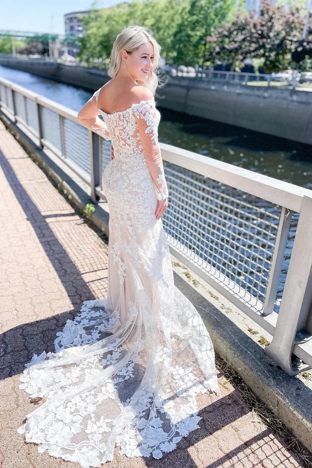 Long Mermaid Off-the-Shoulder Sweetheart Appliques Lace Wedding Dress with Sleeves (ZD14303) - View 2 | VelvetHem