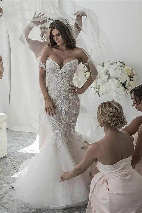 Long Mermaid Off-the-Shoulder Tulle Lace Wedding Dresses (ZD15988)