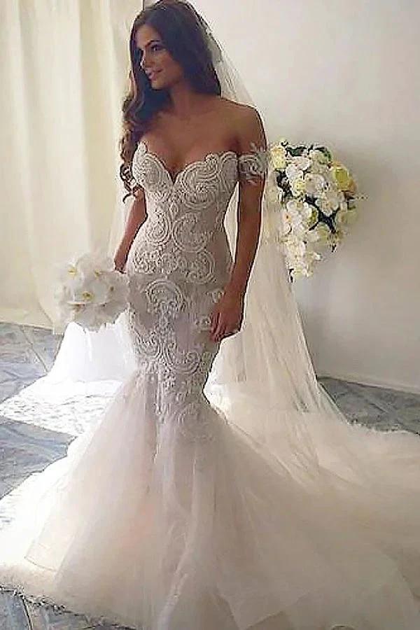 Long Mermaid Off-the-Shoulder Tulle Lace Wedding Dresses (ZD15988)