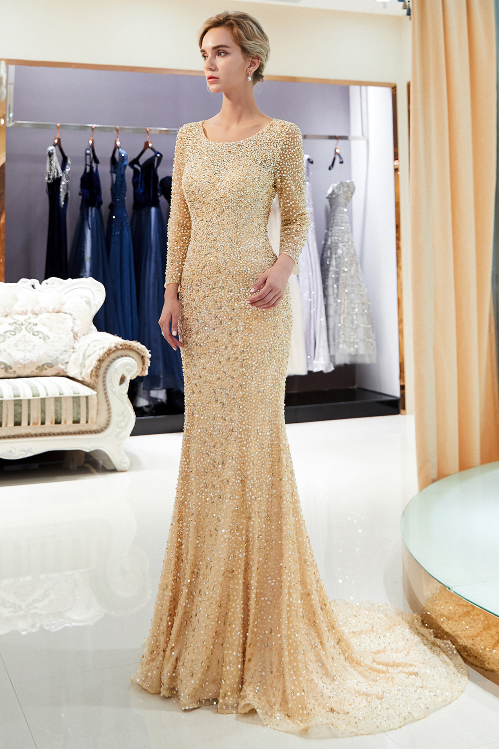 Long Mermaid Sequins Formal Evening Dresses with Sleeves - View 2 | VelvetHem
