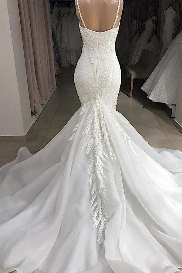 Long Mermaid Spaghetti Strap Appliques Lace Wedding Dress (ZD15798)