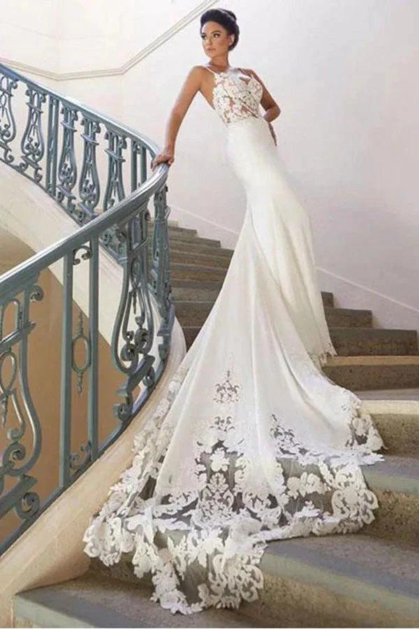 Long Mermaid Spaghetti Strap Lace Backless Wedding Dress (ZD16692)