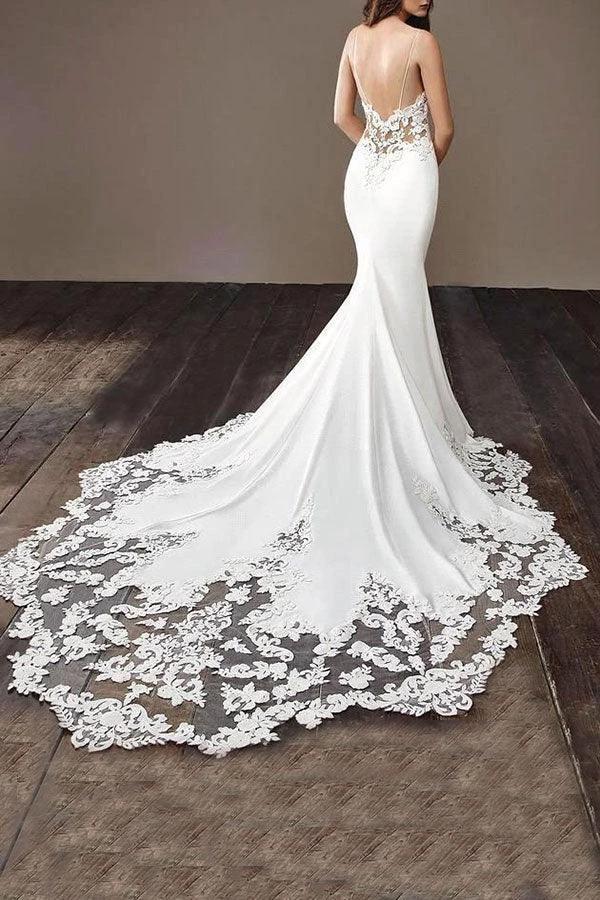 Long Mermaid Spaghetti Strap Lace Backless Wedding Dress (ZD16692)