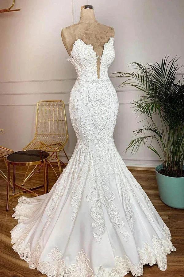 Long Mermaid Strapless Appliques Lace Satin Wedding Dress (ZD15800)