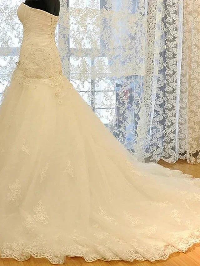 Long Mermaid Strapless Court Train Lace Organza Wedding Dresses (ZD15945)