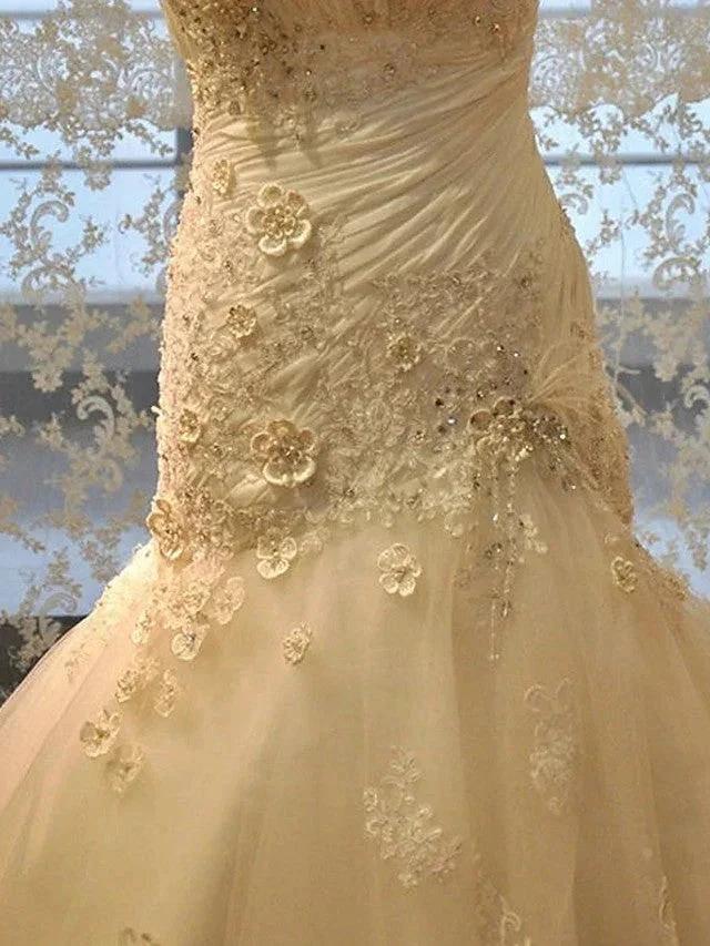 Long Mermaid Strapless Court Train Lace Organza Wedding Dresses (ZD15945)