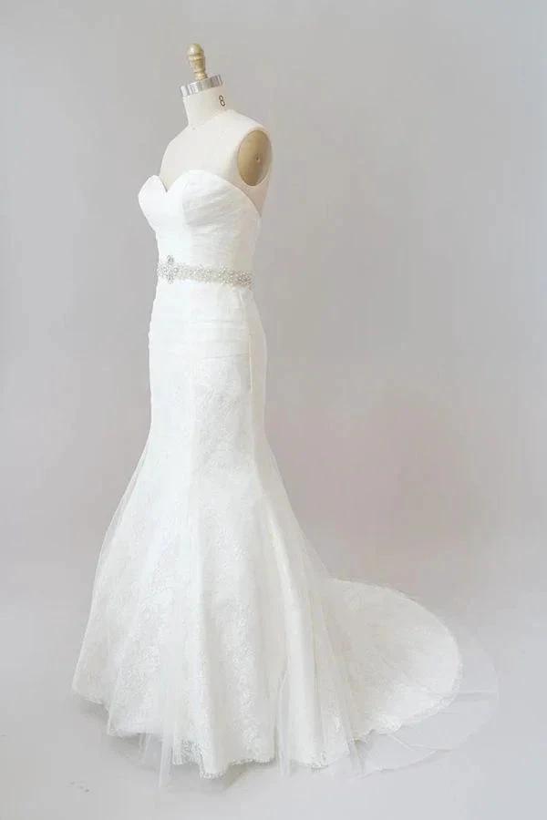 Long Mermaid Strapless Tulle Lace Wedding Dress (ZD14411) - View 3 | VelvetHem