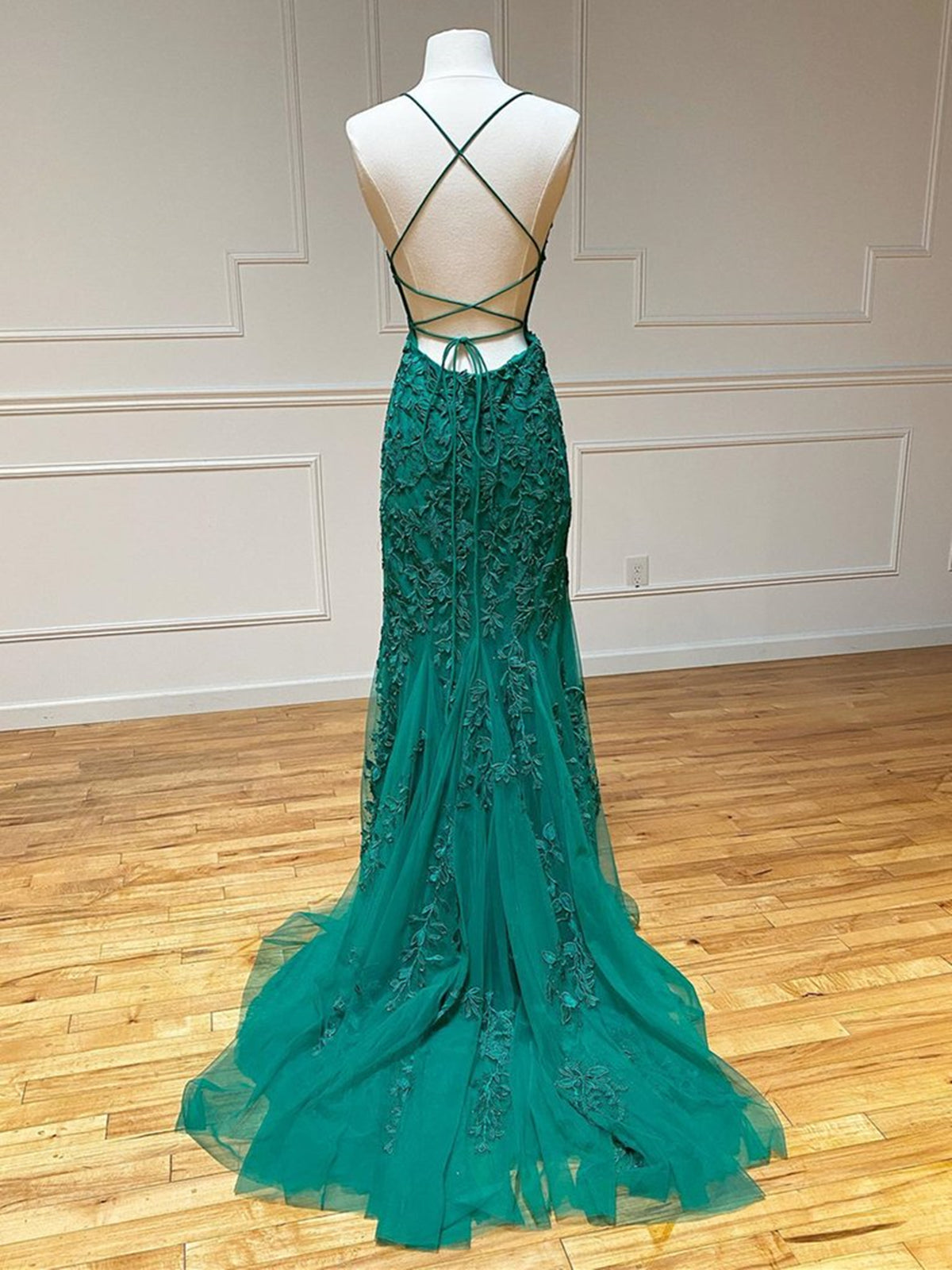 Long Mermaid Strapless Tulle Open Back Lace Formal Prom Dresses - View 2 | VelvetHem