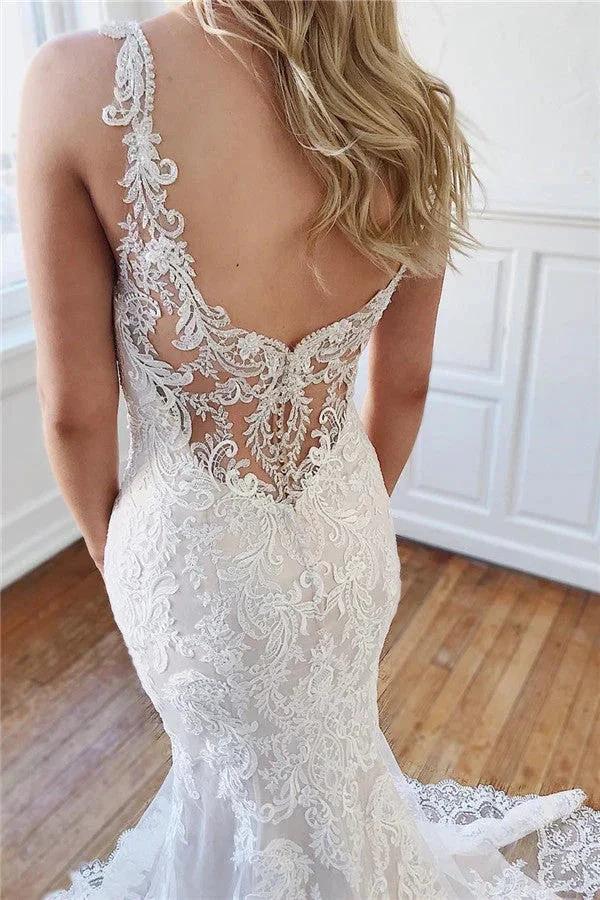 Long Mermaid Sweetheart Lace Appliques Backless Wedding Dresses (ZD14340)