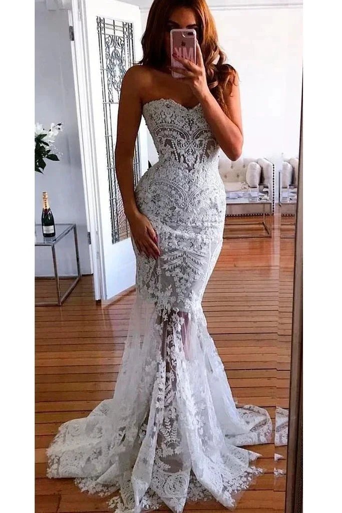 Long Mermaid Sweetheart Lace Appliques See through Wedding Dress (ZD15864)