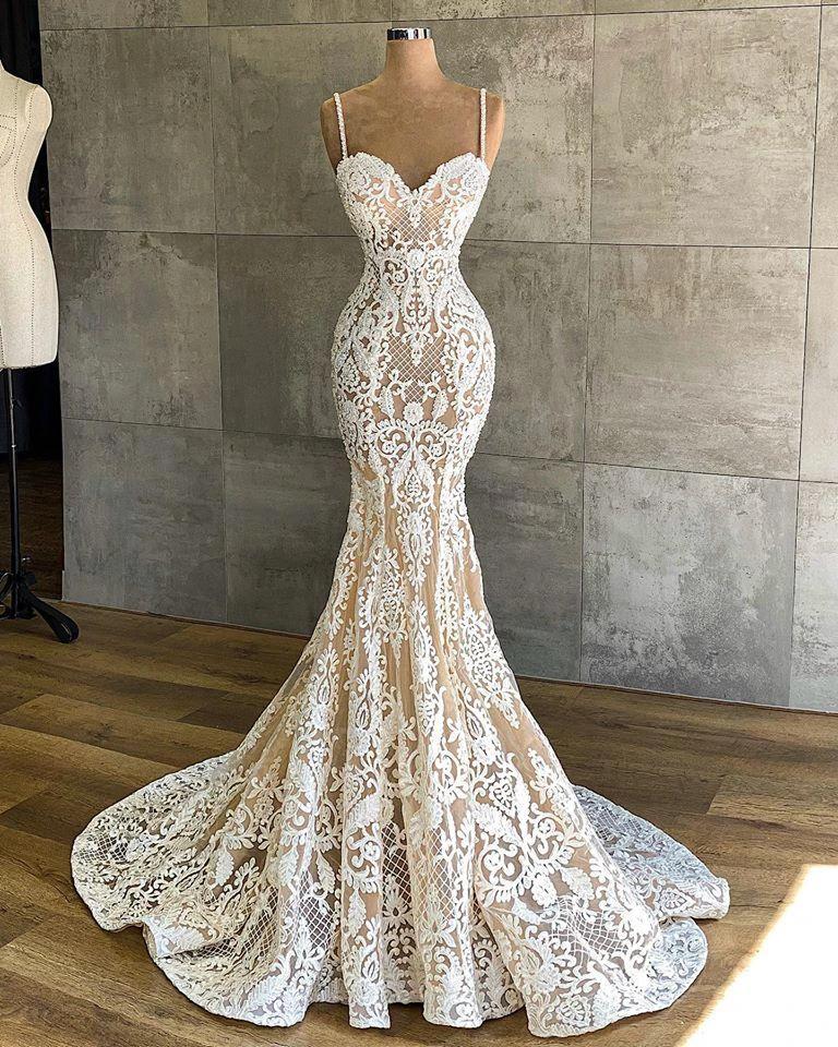 Long Mermaid Sweetheart Spaghetti Straps Appliques Lace Wedding Dress (ZD15130)