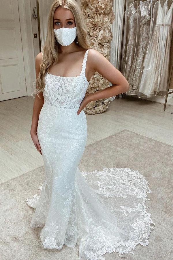 Long Mermaid Tulle Sleeveless Backless Wedding Dresses with Appliques Lace (ZD15009)