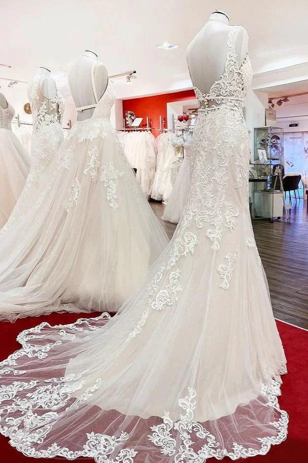 Long Mermaid Tulle Sleeveless Lace Backless Wedding Dress (ZD15255)
