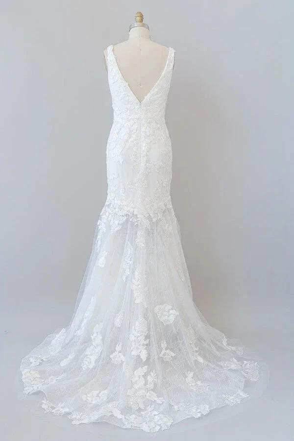 Long Mermaid V-neck Appliques Tulle Lace Wedding Dress (ZD14383)