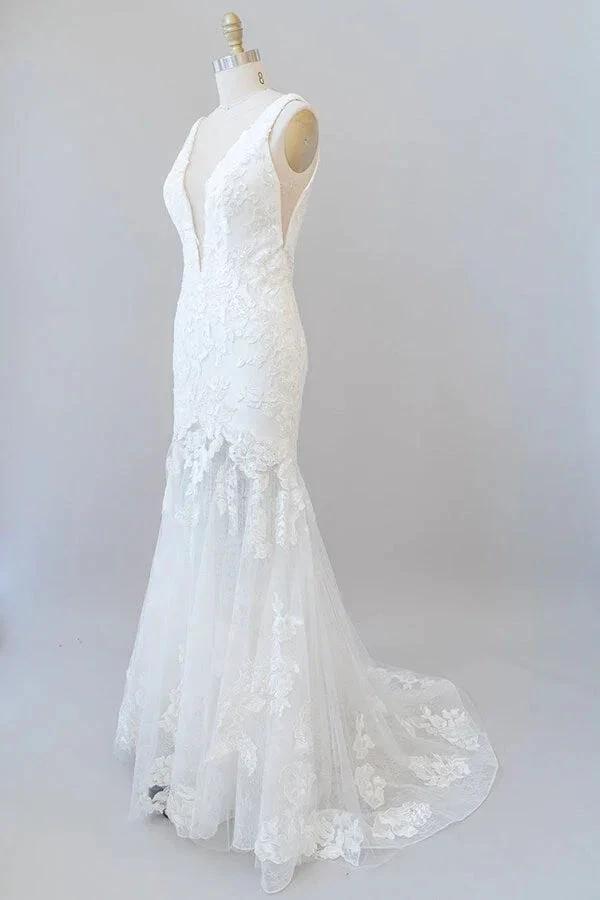Long Mermaid V-neck Appliques Tulle Lace Wedding Dress (ZD14383)