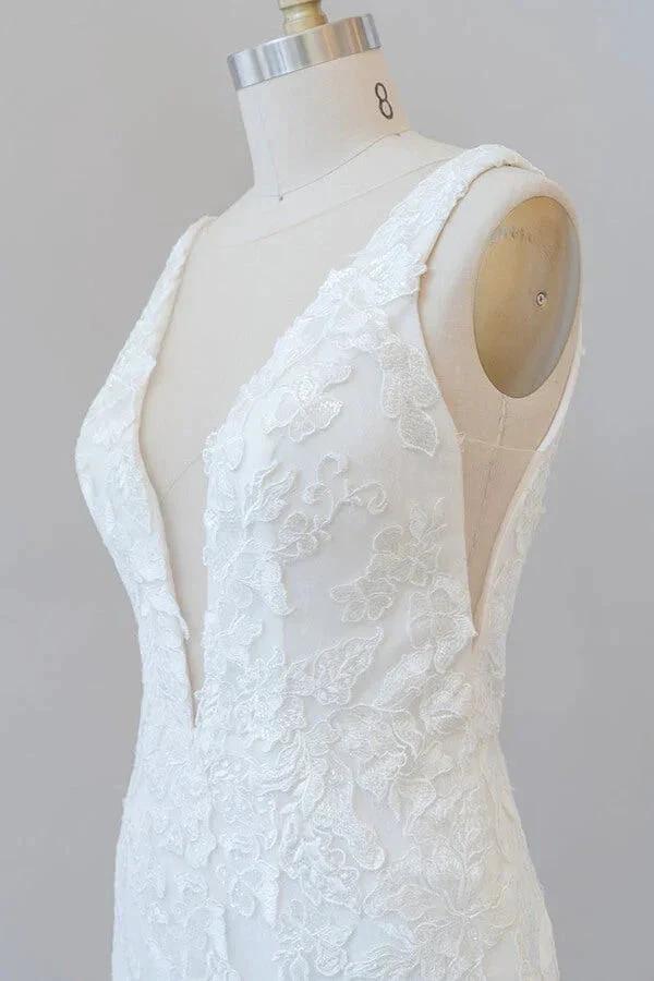 Long Mermaid V-neck Appliques Tulle Lace Wedding Dress (ZD14383)