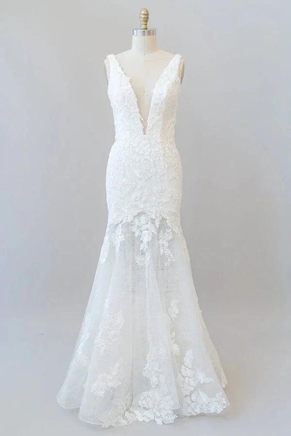 Long Mermaid V-neck Appliques Tulle Lace Wedding Dress (ZD14383)