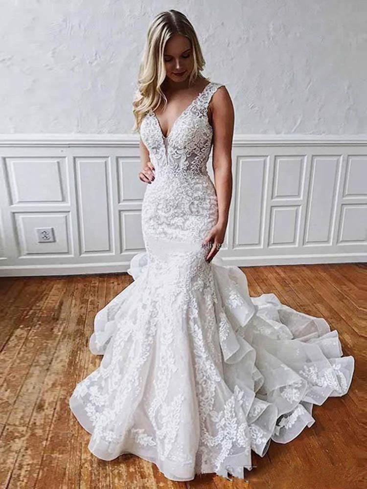Long Mermaid V Neck Backless Lace Wedding Dresses (ZD15899)