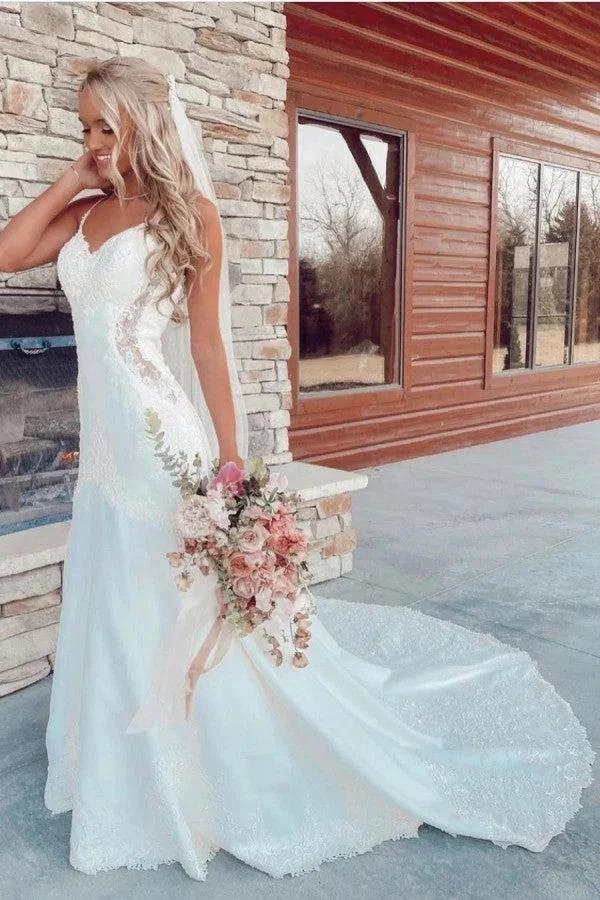 Long Mermaid V-neck Spaghetti Straps Appliques Lace Wedding Dress (ZD15068)