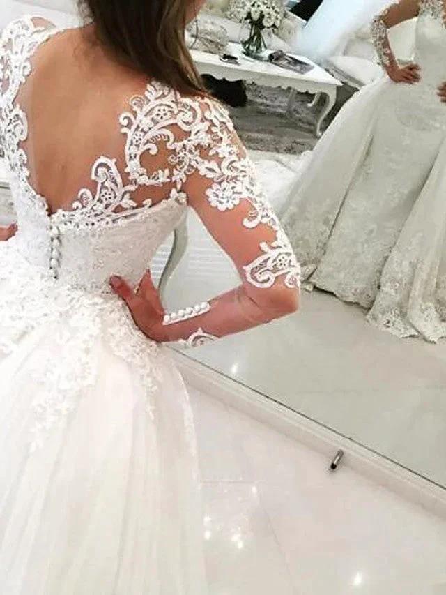 Long Mermaid V Neck Sweep Brush Train Lace Tulle Wedding Dresses with Sleeves (ZD15939)