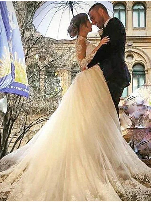 Long Mermaid V Neck Sweep Brush Train Lace Tulle Wedding Dresses with Sleeves (ZD15939)