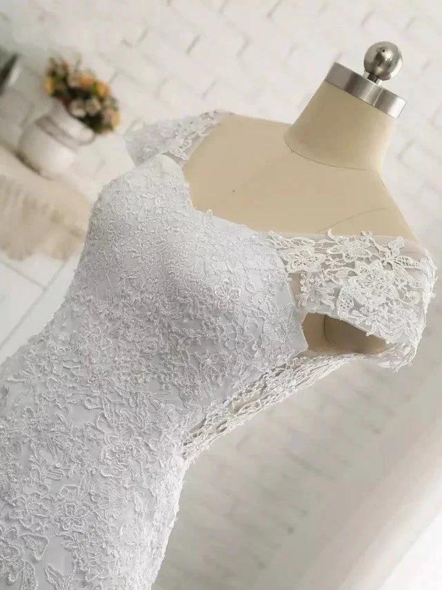 Long Mermaid V Neck Tulle Lace Backless Wedding Dresses with Cap Sleeves (ZD15967)
