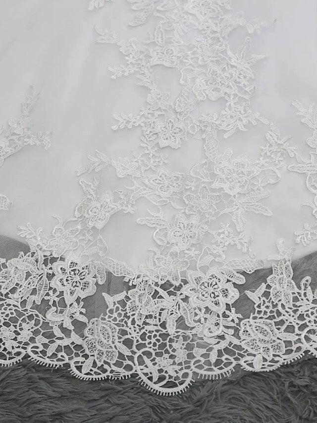 Long Mermaid V Neck Tulle Lace Backless Wedding Dresses with Cap Sleeves (ZD15967)