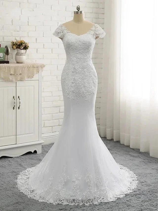 Long Mermaid V Neck Tulle Lace Backless Wedding Dresses with Cap Sleeves (ZD15967)