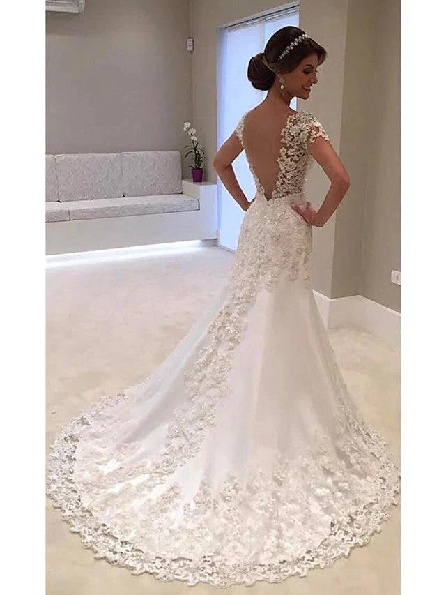 Long Mermaid V Neck Tulle Lace Backless Wedding Dresses with Cap Sleeves (ZD15967)