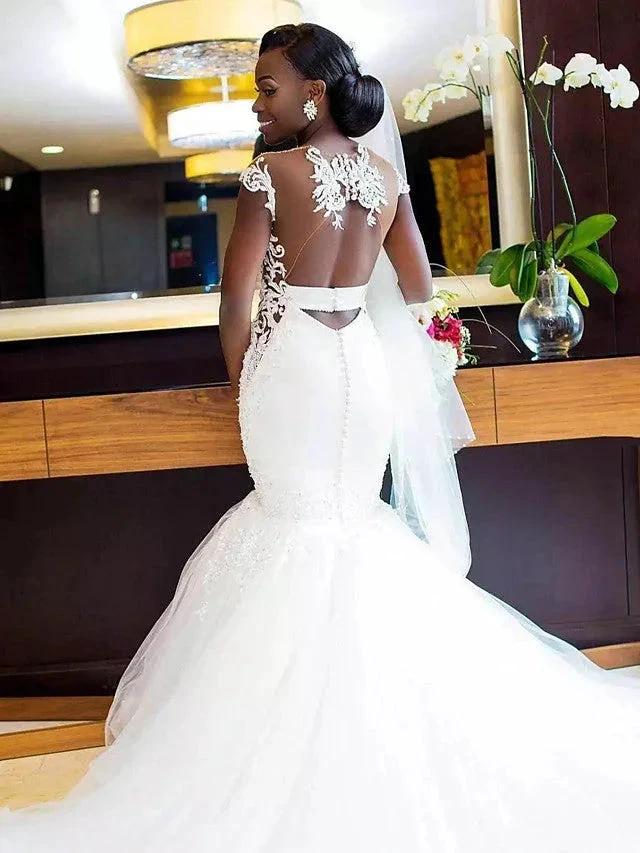 Long Mermaid V Neck Tulle Lace Chapel Train Backless Wedding Dresses (ZD15959)