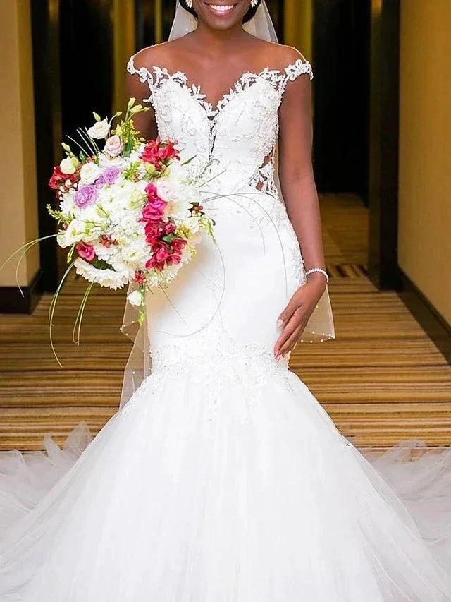Long Mermaid V Neck Tulle Lace Chapel Train Backless Wedding Dresses (ZD15959)