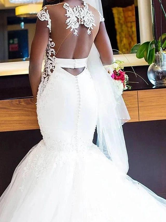 Long Mermaid V Neck Tulle Lace Chapel Train Backless Wedding Dresses (ZD15959)