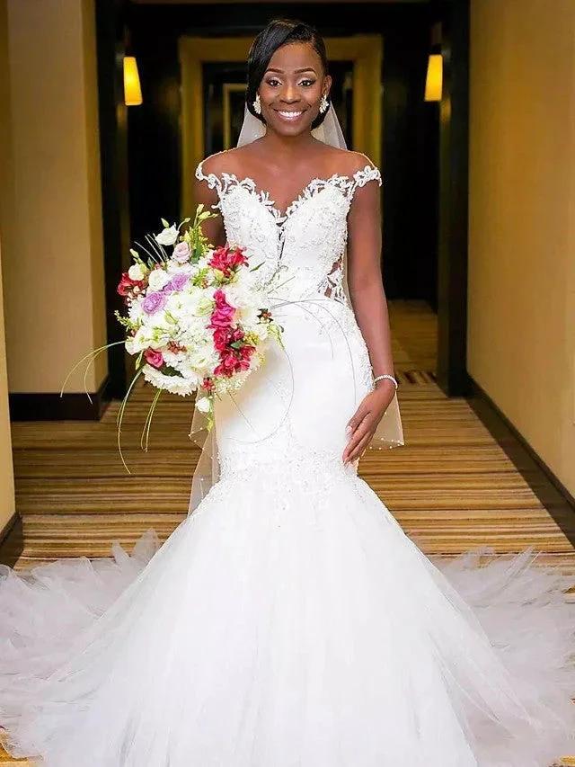 Long Mermaid V Neck Tulle Lace Chapel Train Backless Wedding Dresses (ZD15959)