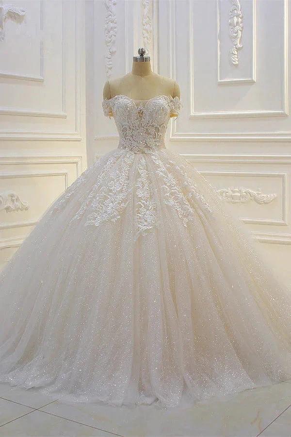 Long Off the Shoulder Sweetheart Ball Gown Sequin Appliques Lace Wedding Dress (ZD15183)